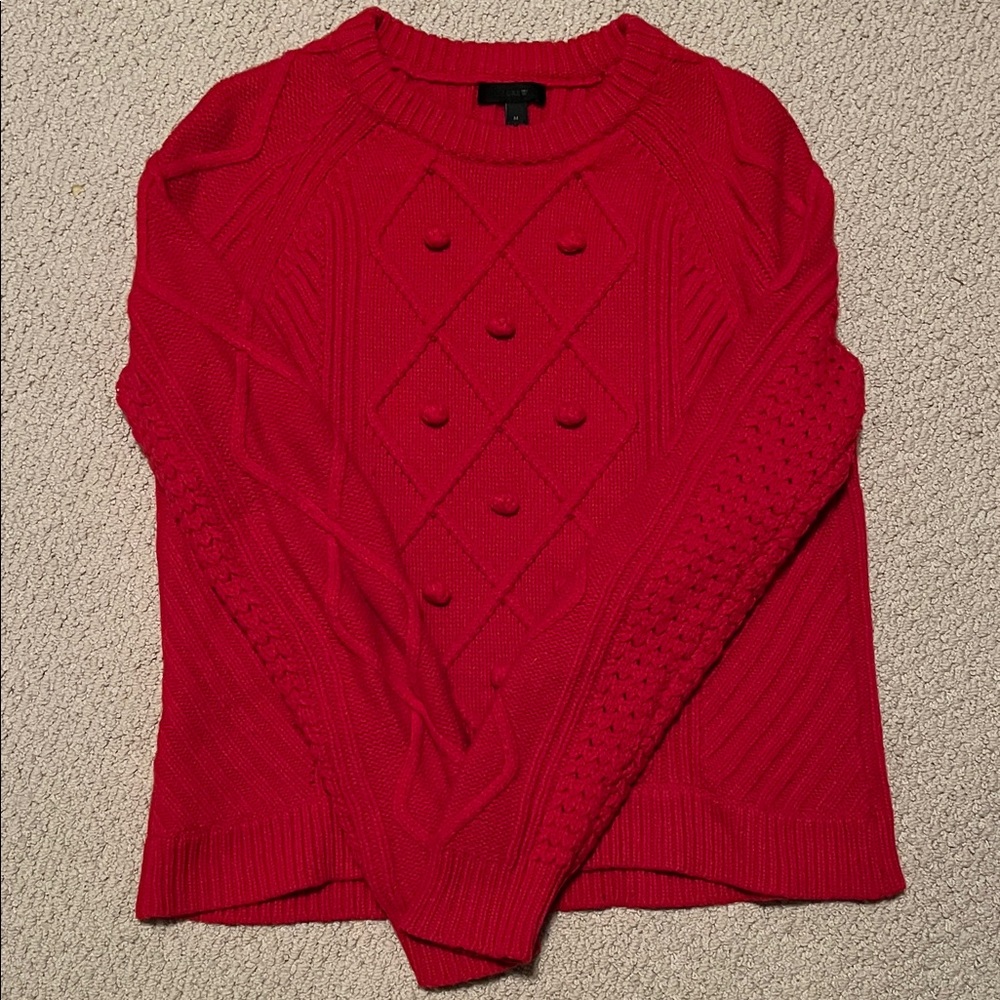 J Crew Red Cable-Knit Pom-Pom Sweater
